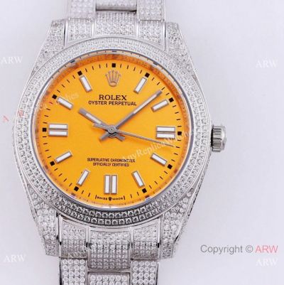 Swiss Quality Iced Out Rolex Oyster Perpetual 41 Wrist Yellow Dial Full Diamond Case